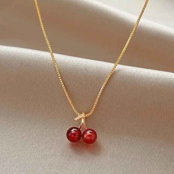 Chic 3pcs Set Cherry Pendant Necklace & Earrings - Picture 2 of 13